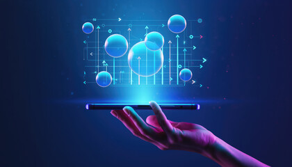 Hand holding smartphone with glowing data visualization elements, including bubbles and upward arrows, representing technology and innovation. scene conveys sense of progress and digital