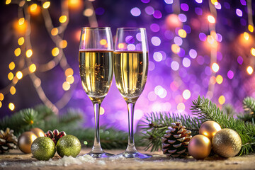 Glasses of champagne with Christmas decoration on bokeh violet lights background	