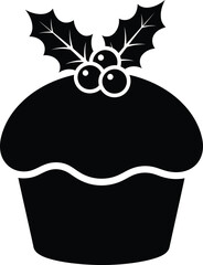 Black silhouette of a cupcake with holly leaves and berries