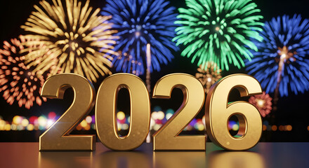 Happy New Year 2026 Fireworks Golden Numbers on Black
