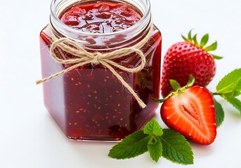 A jar of homemade strawberry jam with fresh strawberries and mint leaves, isolated on white background