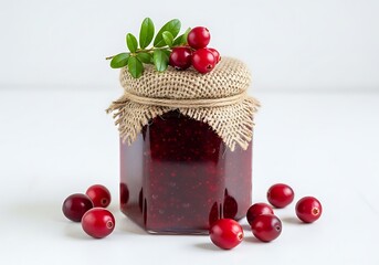 A jar of cranberry jam decorated with fresh cranberries and leaves isolated on white background
