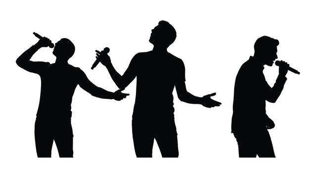 Male singers silhouettes with microphones isolated on white background, Vector