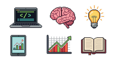 Collection of retro 8-bit pixel art icons including a laptop, brain, lightbulb, and charts, symbolizing concepts of technology, business intelligence, innovation, and education