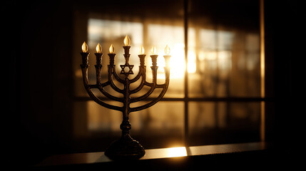 Lit menorah by window at sunset for Hanukkah celebration