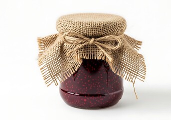 Rustic jar of homemade raspberry jam, sealed with a burlap fabric lid and tied with twine, isolated on white background