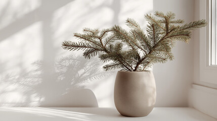 Minimal fir branch in ceramic vase on sunlit windowsill
