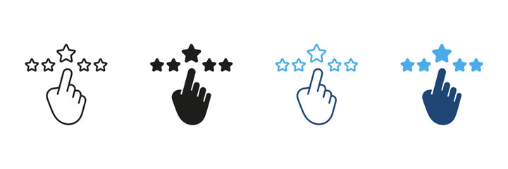 Hand Clicking Star Rating Line And Solid Icon Set. User Feedback, Review, And Rating System Outline And Silhouette Symbol Collection. Customer Satisfaction Evaluation. Isolated Vector Illustration