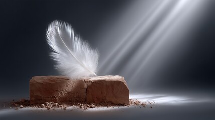 Feather resting on a stone under soft beams of light in a dark setting