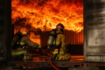 Two firefighters in full protective gear work together to extinguish a massive blaze