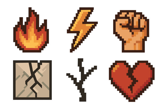 Collection of six pixel art icons for a retro video game, featuring symbols for fire, lightning, strength, earth, nature, and a broken heart, isolated