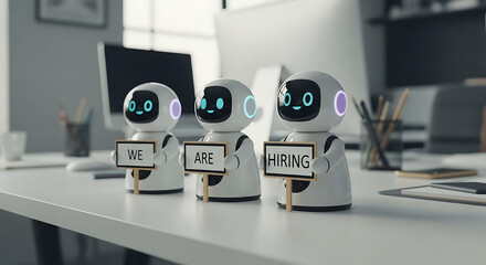 Robots Hiring Concept – Futuristic Recruitment Copy Space Poster, robot hiring, futuristic recruitment, AI hiring, recruitment poster, hiring concept, copy space design, robot workforce, digital hire
