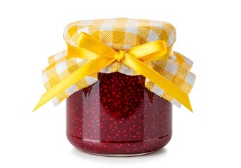 One jar of homemade raspberry jam decorated with a yellow and white checkered cloth and yellow ribbon, isolated on white background