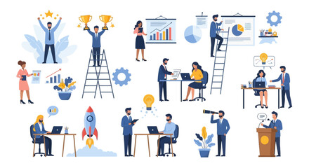 Vector illustration of various business people involved in various office activities and teamwork.