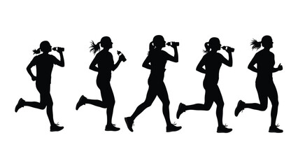 Running women silhouettes with water bottles isolated on white background, Vector