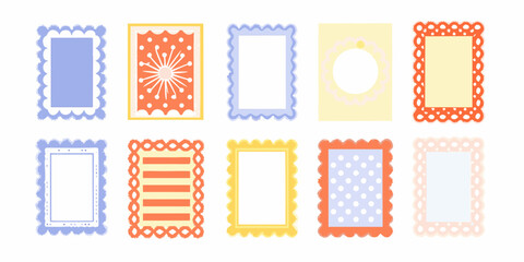 Collection of ten decorative colorful and playful picture frames with scalloped edges and various patterns