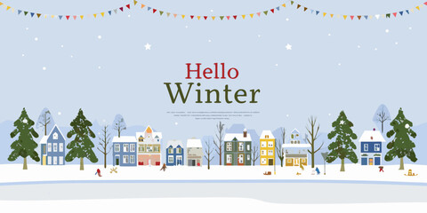 Charming winter village scene with festive bunting and snowfall greeting hello winter © Ruhidas