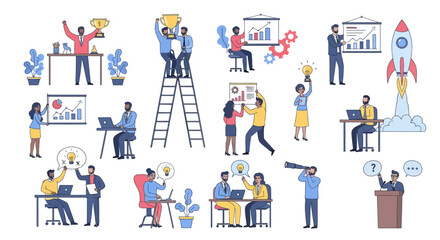 Vector illustration of various business people involved in various office activities and teamwork.