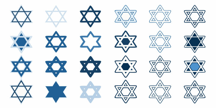 Collection of star of david symbols in various shades of blue and styles on a white background