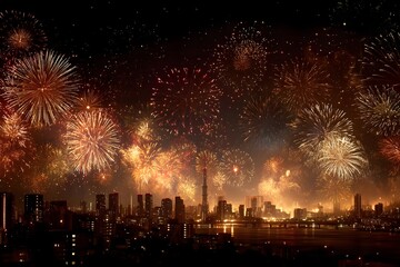 Fototapeta premium City skyline is lit up with fireworks, creating a festive and celebratory atmosphere. The fireworks are scattered throughout the sky, with some closer to the ground and others higher up