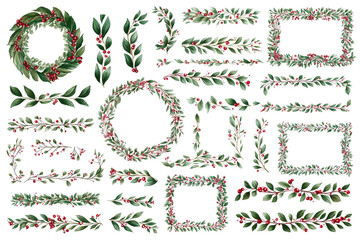 Large set of watercolor Christmas decorations frames and wreaths