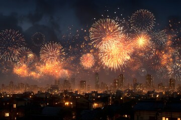 City skyline is lit up with fireworks, creating a festive and lively atmosphere. The fireworks are scattered throughout the sky, with some closer to the ground and others higher up