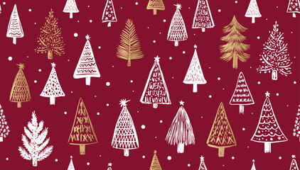 Christmas white and gold tree pattern on red, hand drawn illustration	
