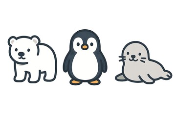 Cute cartoon polar bear penguin and seal on white background