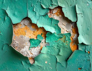 Close-up of old peeling green paint revealing textured wall surface for backgrounds