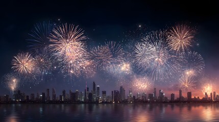 Fototapeta premium City skyline is lit up with fireworks in the night sky. The fireworks are scattered throughout the sky, with some closer to the foreground and others further away