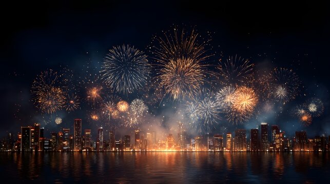 City skyline is lit up with fireworks, creating a festive and lively atmosphere. The fireworks are scattered throughout the sky, with some closer to the foreground and others further away