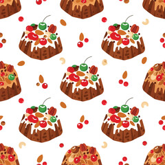 Fruitcake pattern with cherries nuts and icing christmas cake
