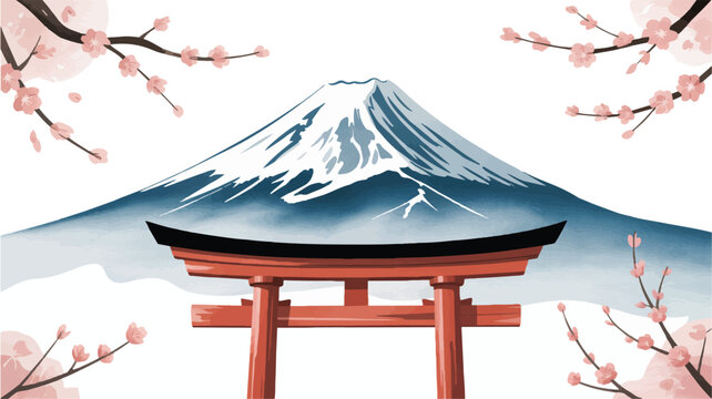 Vector Graphic of Mount Fuji With Torii Gate and Cherry Blossoms in Japan With Beautiful Background Travel Landscape Scene Art