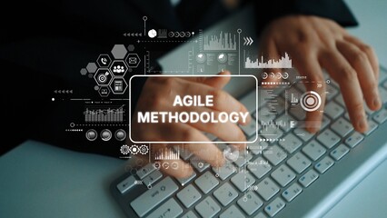 Hands Typing on Keyboard with Agile Methodology Concept and Data Visualization Elements in Office Environment. Asymptotic smart data analytic.