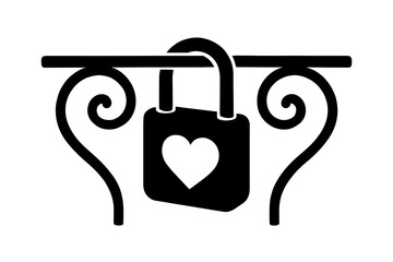 Black silhouette of a padlock with a heart symbol on a decorative railing