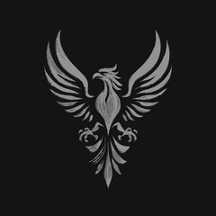 Obraz premium Gray phoenix with wings spread on a black background