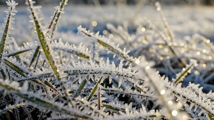 Green grass covered with sparkling white frost in a winter morning close-up. Cold season meadow plant detail with ice crystallization. - Powered by Adobe
