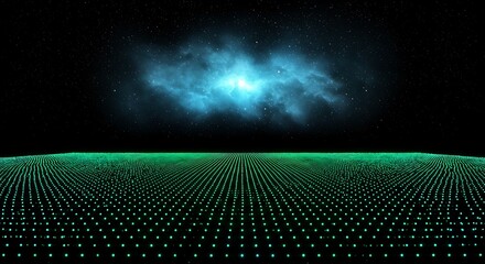 A vast digital landscape of glowing green data points stretches to the horizon under a nebula and starry sky