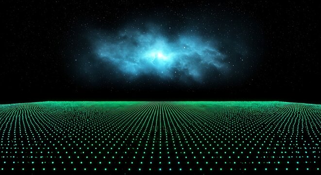 A vast digital landscape of glowing green data points stretches to the horizon under a nebula and starry sky