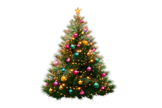 decorated Christmas tree with colorful baubles, fairy lights, golden star on top, isolated on transparent background, realistic lighting, clean edges, png style