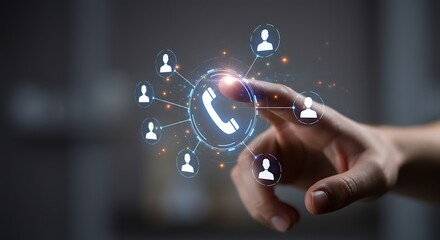 Hand touching a glowing icon of a phone with a network of user icons connected to it, representing communication and connectivity