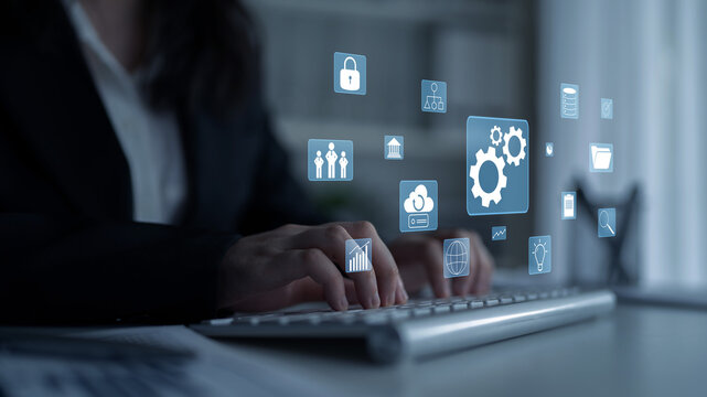 A concept of business operations and enterprise system integration. The components of a company including security, data, and cloud infrastructure. Motif