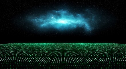 A vast digital landscape of glowing green data points stretches to the horizon under a nebula and starry sky