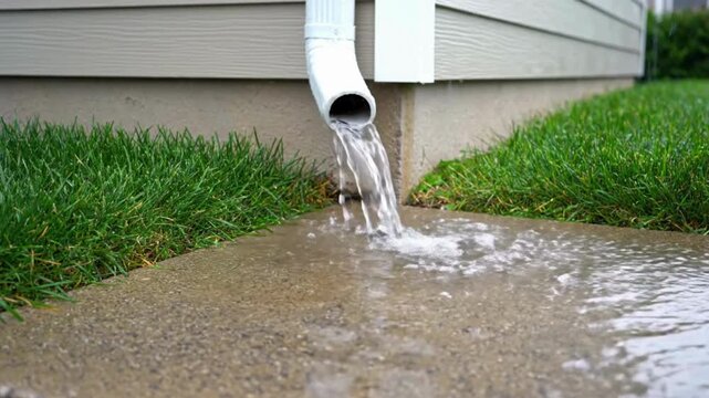 Powerful stream flowing from downspout during heavy rain, water drainage and overflowing, home exterior and foundation issues