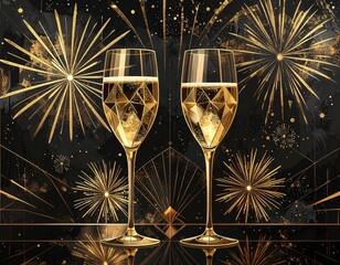 Luxurious champagne flutes with golden fireworks celebrating a festive moment and elegant occasion