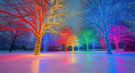 Winter Wonderland Trees Illuminated With Rainbow Lights