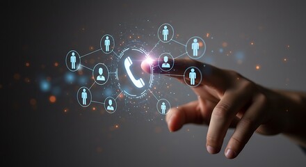 Hand touching a glowing phone icon connected to a network of people icons, representing communication and connectivity in a digital world