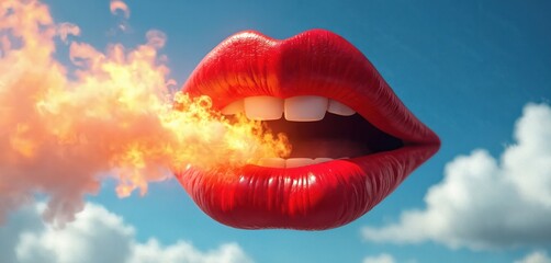 Giant red lips float in clear blue sky with white clouds. Mouth opens, breathing out bright orange yellow flames, fiery smoke. Powerful image represents burning passion, intense speech, hot emotions