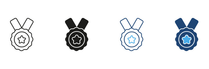 Medal With Star Line And Solid Icon Set. Achievement, Excellence, And Award Recognition Outline And Silhouette Symbol Collection. Honor And Success Concept. Isolated Vector Illustration