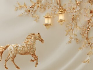 Gold and white horse is depicted in a room with a floral design. The horse is surrounded by lamps and flowers, creating a warm and inviting atmosphere. Scene is one of luxury and elegance